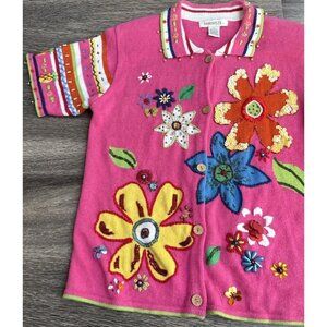 Vintage Arriviste Women's Sz XL Pink Spring Summer Flower Cardigan Sweater